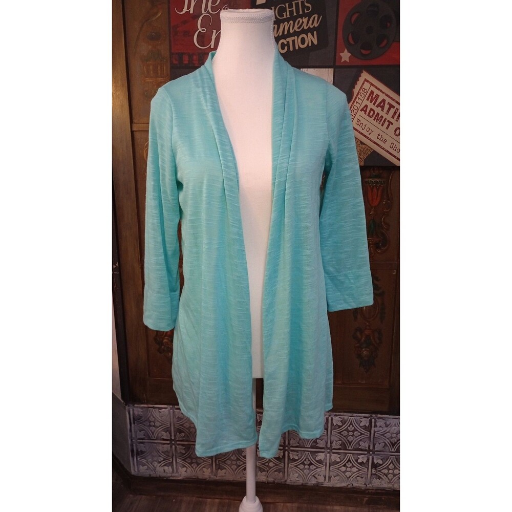 Kim Rogers Women's Blue Knit Open Front Cardigan Sweater Size S 3/4 Sleeve
